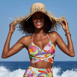 Carmen Marc Valvo by BOSTON PROPER Underwire Wrap Sunset Waves Print Bikini Top